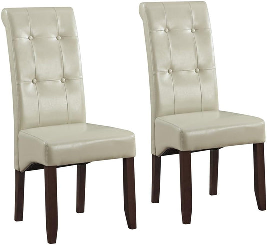 Cosmopolitan Parson Dining Chair (Set of 2), Satin Cream Faux Leather and SOLID WOOD, Square, Upholstered, for the Dining Room, Contemporary Modern-0