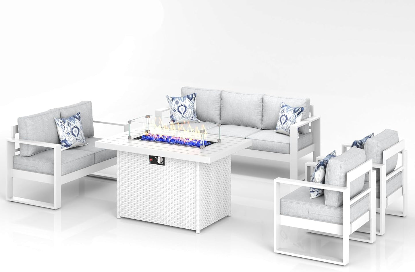 5 Piece Modern Aluminum Patio Furniture Set with Fire Pit Table, Outdoor Patio Sectional Conversation Metal Seating Sets with Olefin Cushion-1