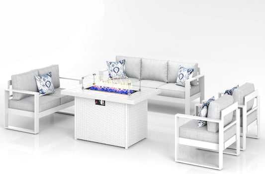 5 Piece Modern Aluminum Patio Furniture Set with Fire Pit Table, Outdoor Patio Sectional Conversation Metal Seating Sets with Olefin Cushion-1