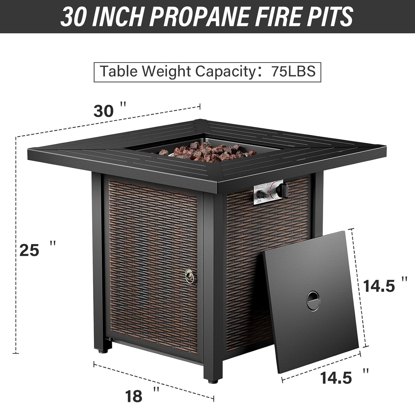 5 Pieces Outdoor Patio Furniture Set with 50000 BTU Propane Fire Pit Table, Deep Seating Wicker Swivel Rocker Chairs and Loveseat Glider Patio Conversation Set for Deck Poolside Backyard Beige-3