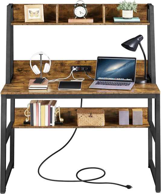 47 in Modern Computer Desk with Power Outlets and 2 USB Ports, Home Office Study Writing Desk with Hutch and Bookshelf, Large Workstation Gaming Table with Charging Station, Rustic Brown-0