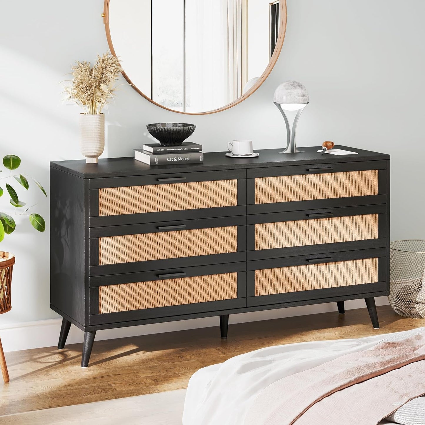 6 Drawer Double Dresser for Bedroom, Rattan Chest of Dressers, Modern Wooden Dresser Chest with Golden Handles, beside Table for Closet, Living Room and Entryway, Black and Natural-2