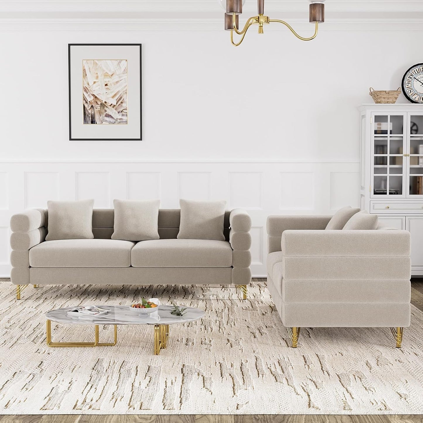 Living Room Sofa Couch and Loveseat Set, Modern Comfy Velvet Deep Seat Cloud Couch with 5 Pillows, Oversized Sofa Furniture Sets for Living Room Bedroom, Grey Velvet-2