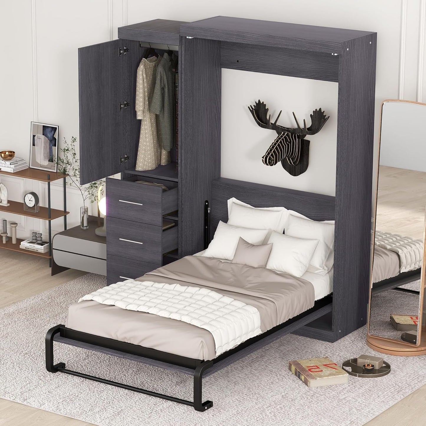 Twin Size Wood Murphy Bed with Storage for Small Spaces-4