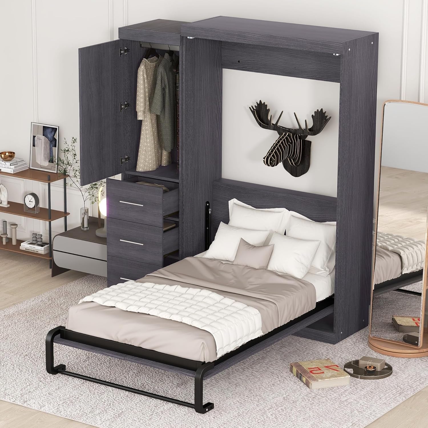 Twin Size Wood Murphy Bed with Storage for Small Spaces-4