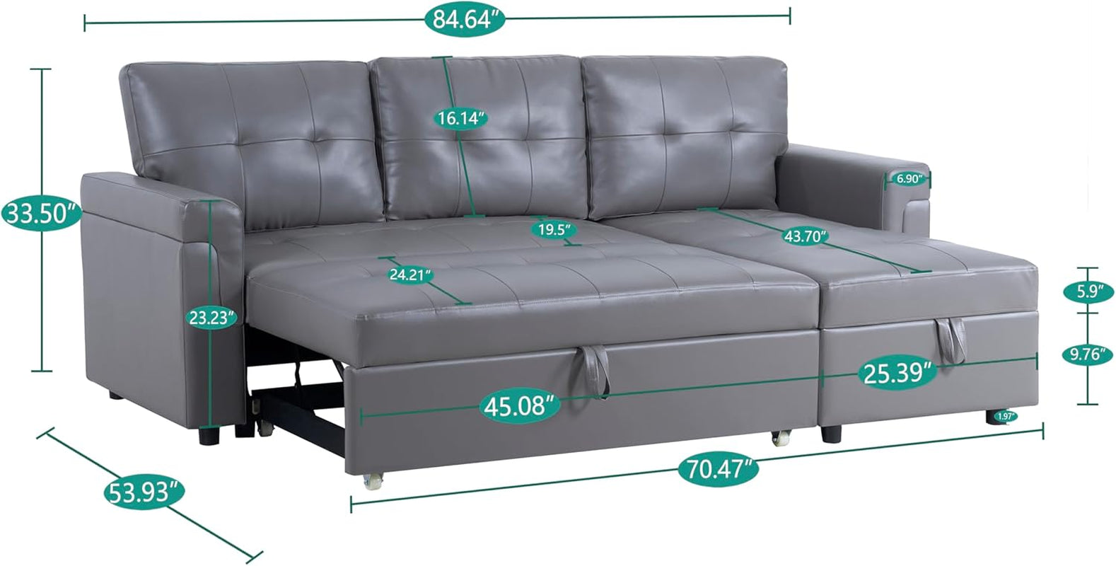 Jenny Sectional Sofa Sleeper with Storage Chaise, Tufted Pull Out Couch with Storage, Sectional Bed, L-Shaped Reversible Sleeper Sofa, Gray,Air Leather-1