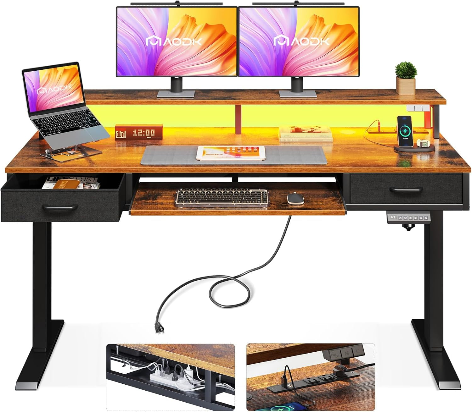 Electric Standing Desk with Drawers & Keyboard Tray, 55 Inch Height Adjustable Gaming Desk with Power Outlets & LED Lights, Sit Stand Table with Monitor Stand for Home, Office, Rustic Brown-0