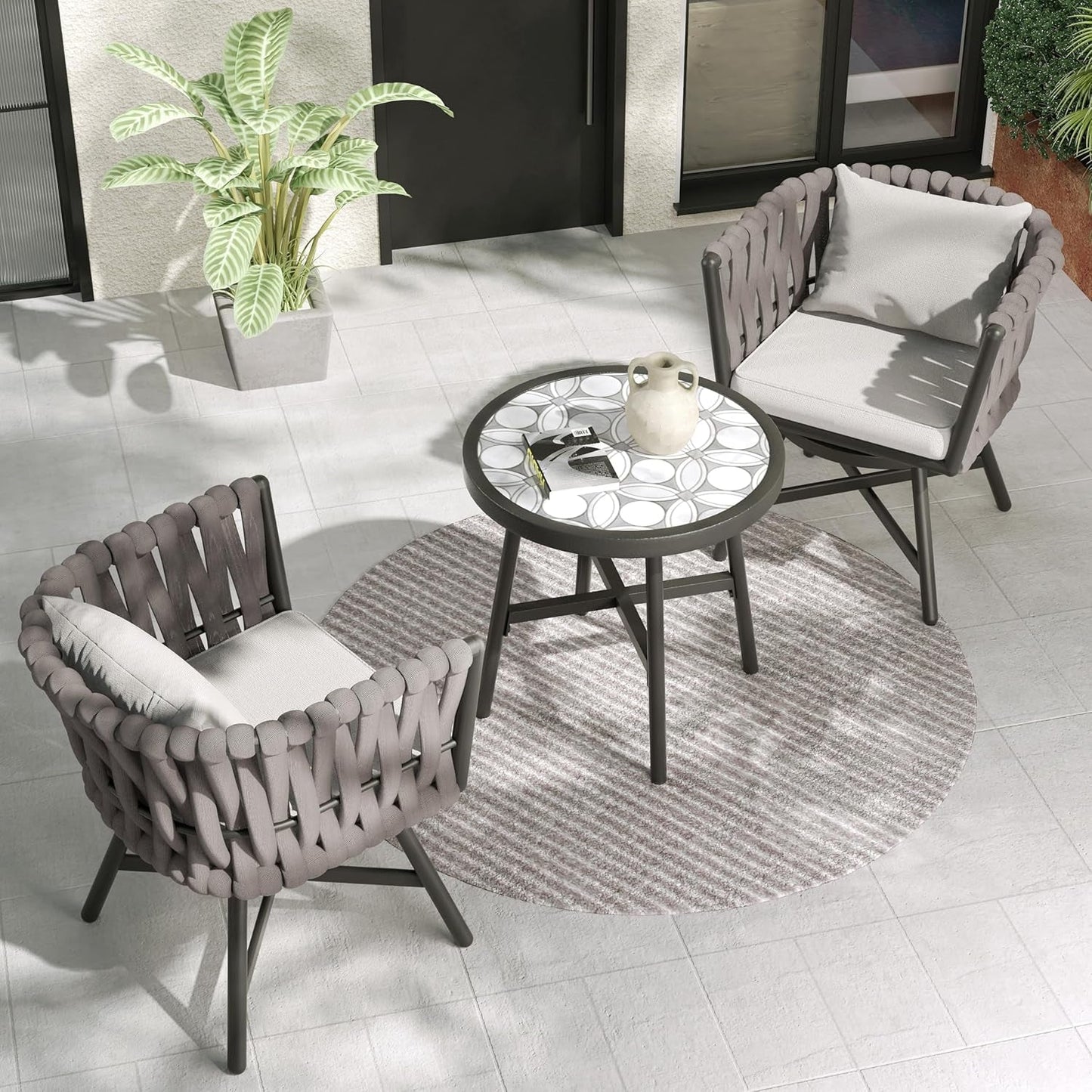Dining Chair Set of 3, Swivel Rope Armchairs with Cushions and round Side Table with Tile Tabletop, Wicker, Indoor Outdoor Modern Style, Backyard, Balcony, Gray-0