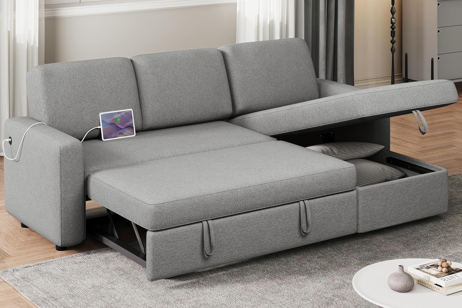 Light Gray L-Shaped Sleeper Sectional, USB, Storage-0