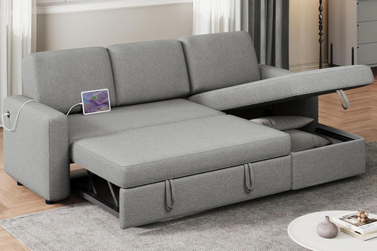 Light Gray L-Shaped Sleeper Sectional, USB, Storage-0
