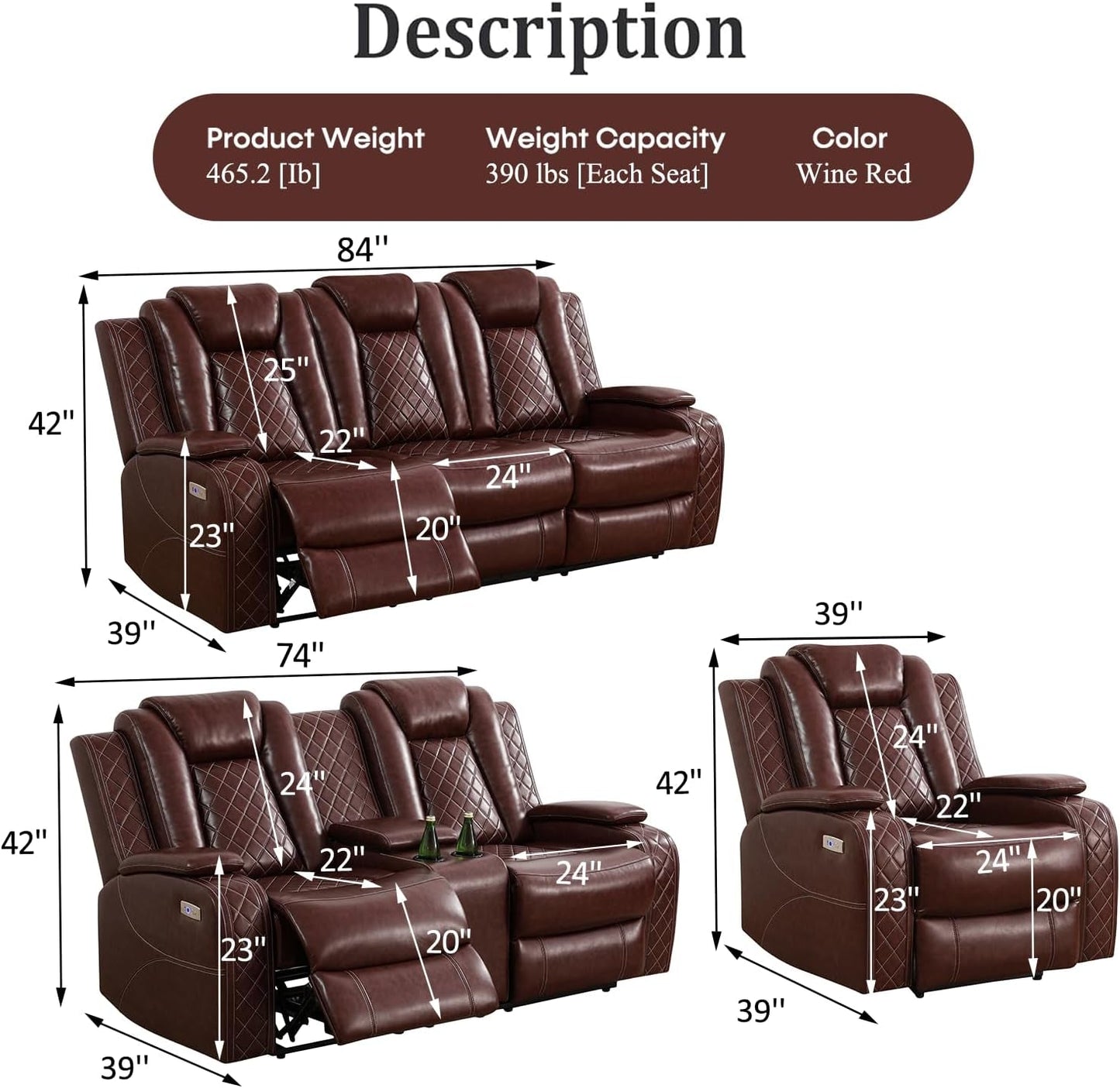 Power Recliner Sofa Set with LED Lights,Leather Reclining Sofa with USB Port/Wireless Charger/Storage Console/Cup Holder,Living Room Furniture for House/Home Theater(3 Piece Set,Wine Red)-1