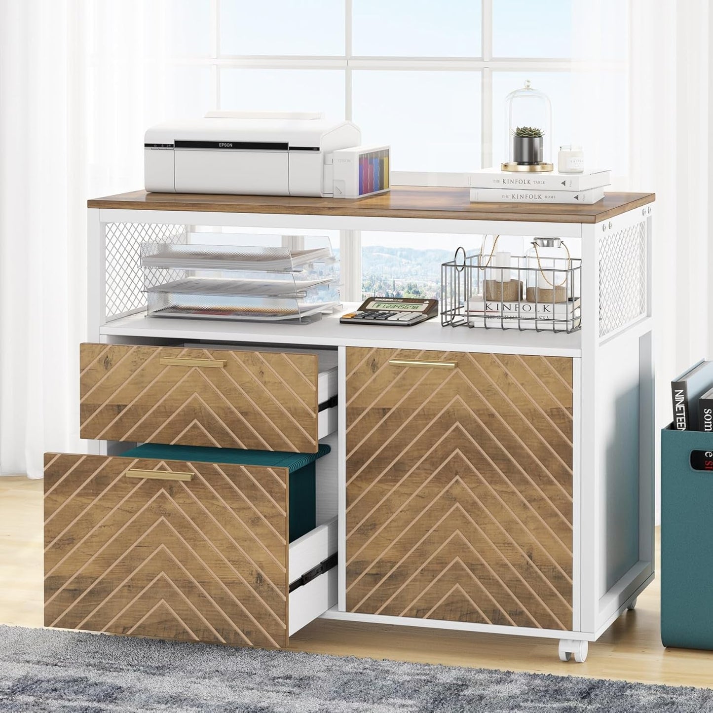 Modern File Cabinet with Drawers for Letter-Sized File and Door, Lateral Filing Cabinet Printer Stand with Storage Shelves and with Rolling Caster for Home Office-0
