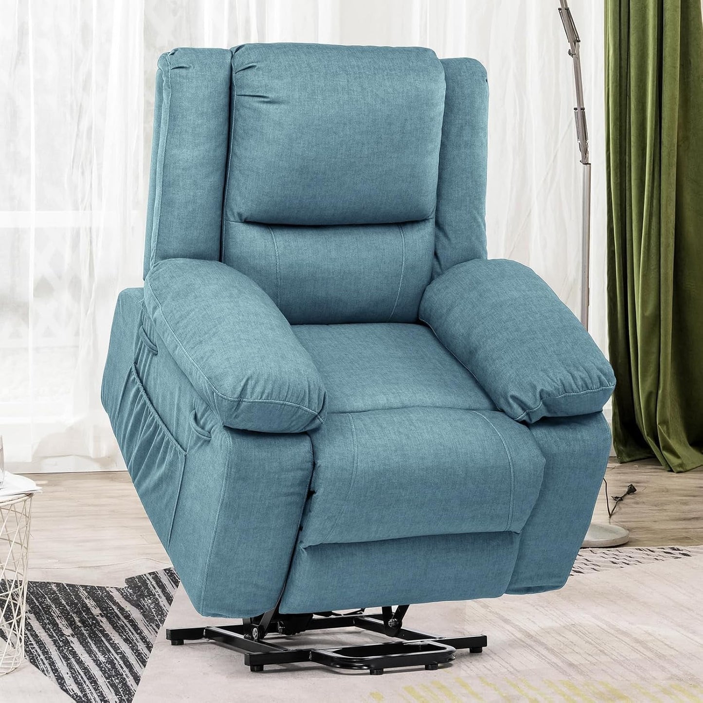 Electric Power Lift Chairs Recliners for Elderly,Recliner Chair with Massage and Heat,2 Side Pockets, Fabric(Blue)-1