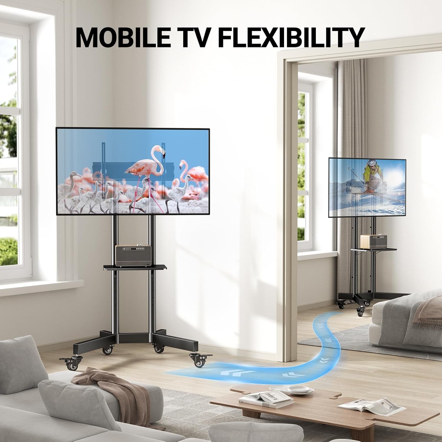 Rolling TV Stand for 32-85 Inch Tvs Holds up to 132 Lbs, Height Adjustable Mobile TV Cart with Wheels, Mobile TV Stand with Tray, Portable TV Stand for 4K Tvs Max VESA 600X400Mm PSTVMC01-4