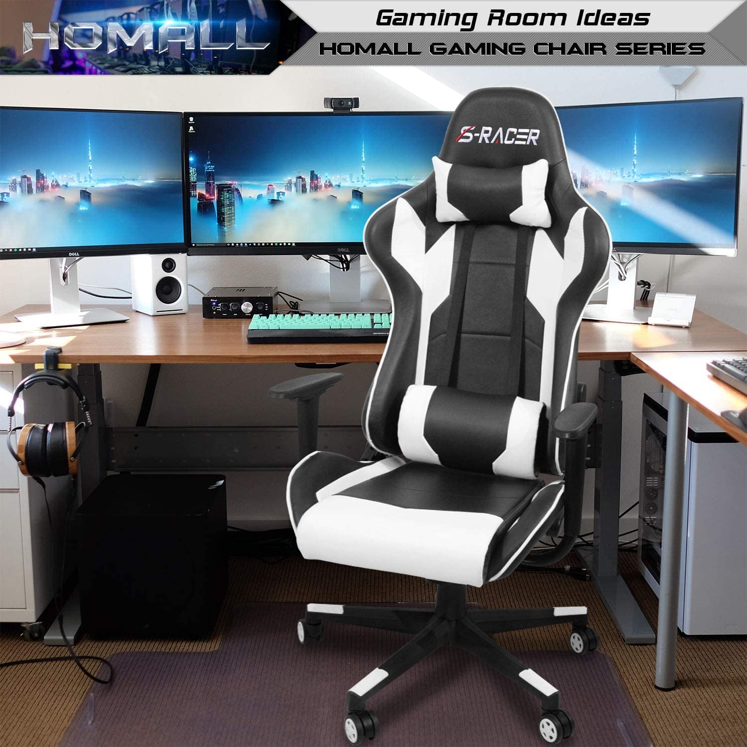 Gaming Chair, Office Chair High Back Computer Chair Leather Desk Chair Racing Executive Ergonomic Adjustable Swivel Task Chair with Headrest and Lumbar Support (White)-1
