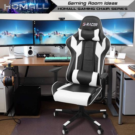 Gaming Chair, Office Chair High Back Computer Chair Leather Desk Chair Racing Executive Ergonomic Adjustable Swivel Task Chair with Headrest and Lumbar Support (White)-1