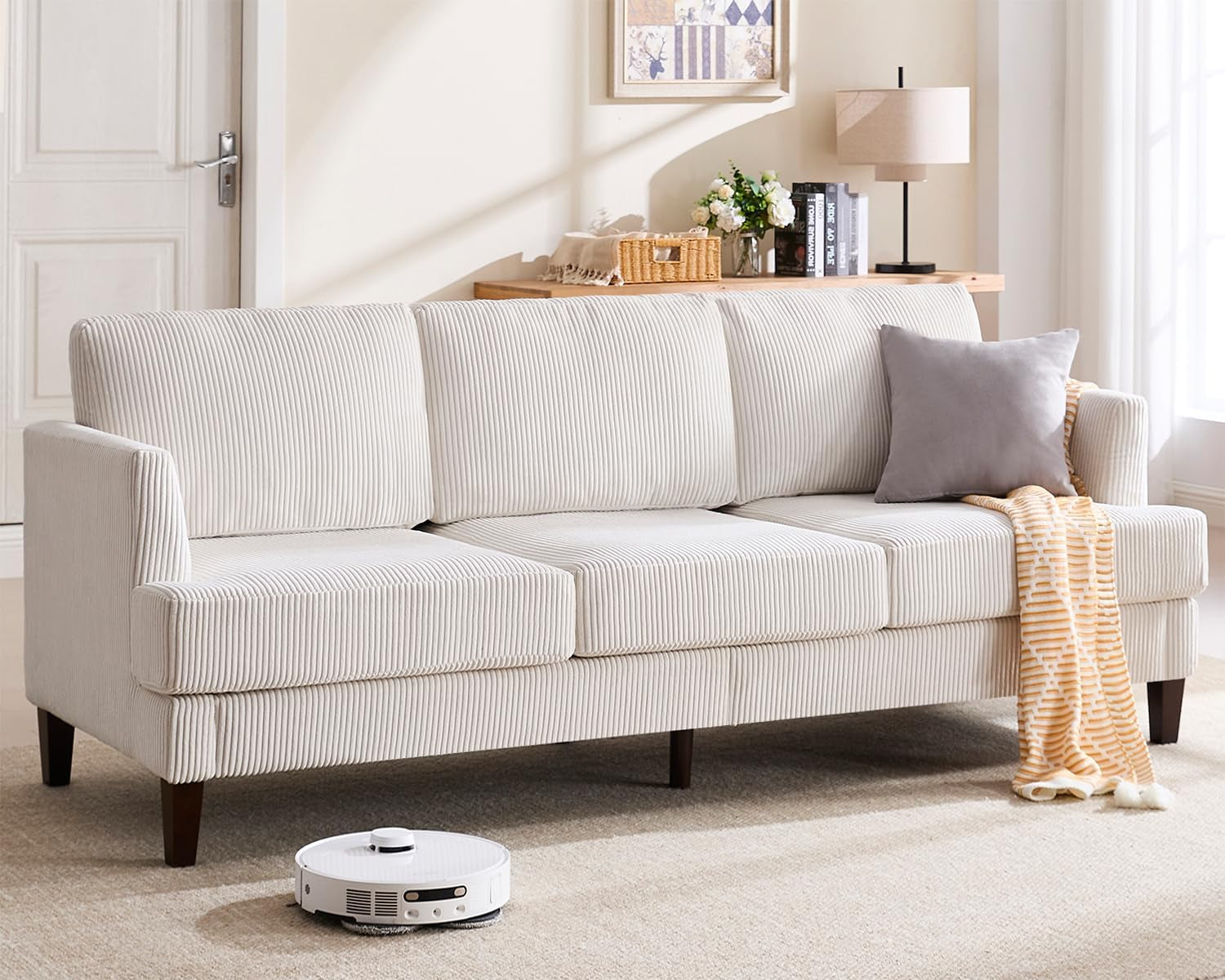 3 Seater Sofa Couch with Deep Seats, 89" Mid Century Modern Upholstered Sofa, Comfy Corduroy Sofas with Armrests, Couches for Living Room, Bedroom, Apartment and Office (Beige)-0