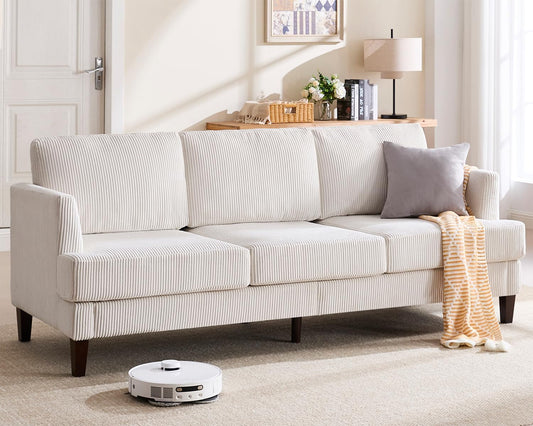 3 Seater Sofa Couch with Deep Seats, 89" Mid Century Modern Upholstered Sofa, Comfy Corduroy Sofas with Armrests, Couches for Living Room, Bedroom, Apartment and Office (Beige)-0