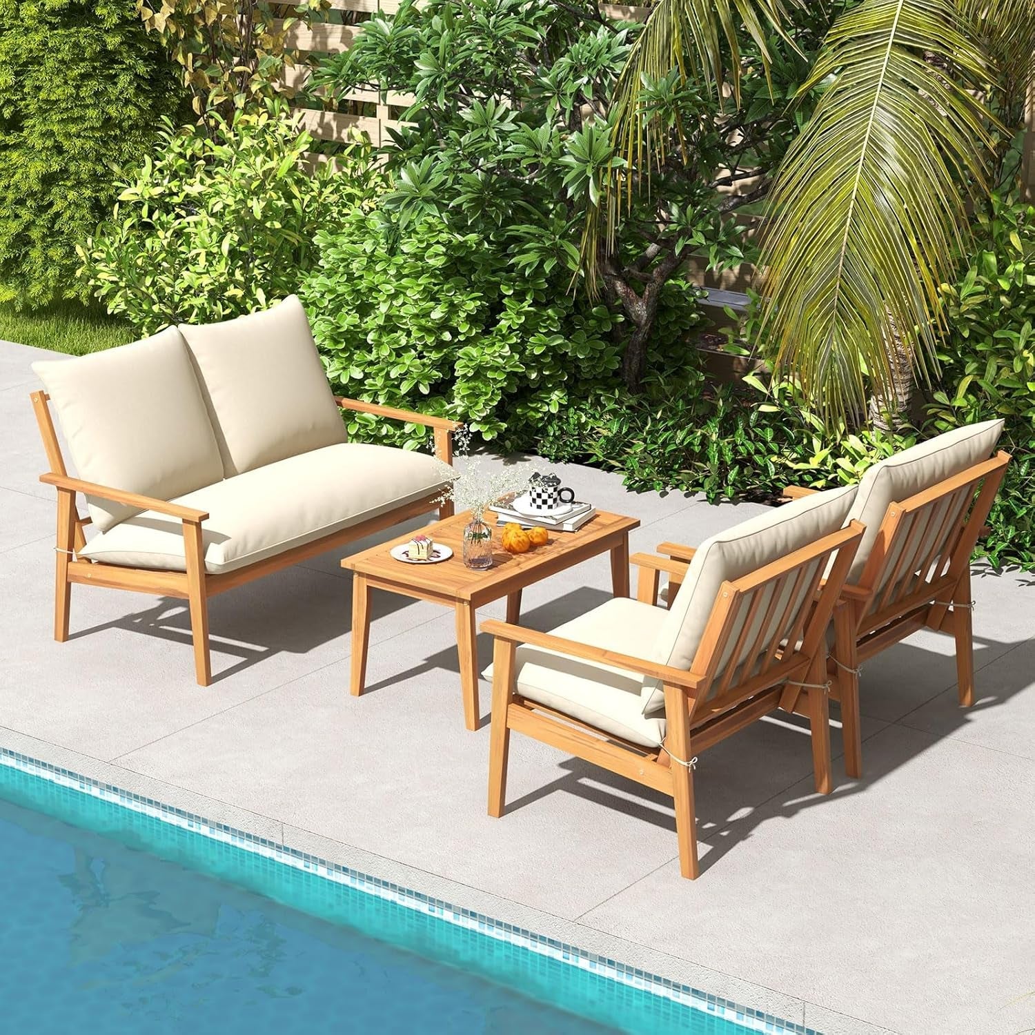 4 Pieces Patio Furniture Set, Outdoor Acacia Wood Conversation Set with Soft Cushions and Coffee Table, Outdoor Sectional Sofa Set for Lawn, Garden, Backyard and Poolside (1, Natural)-2