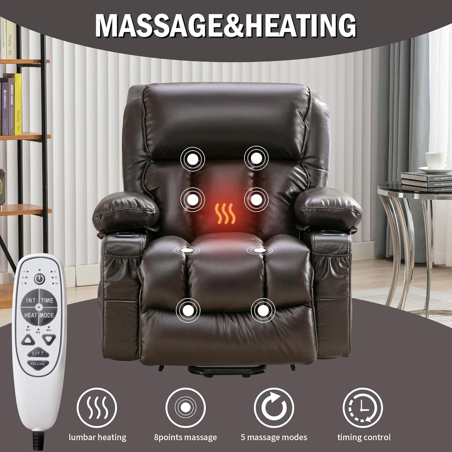 Brown XL Power Lift Recliner Massage Heat Elderly USB-2