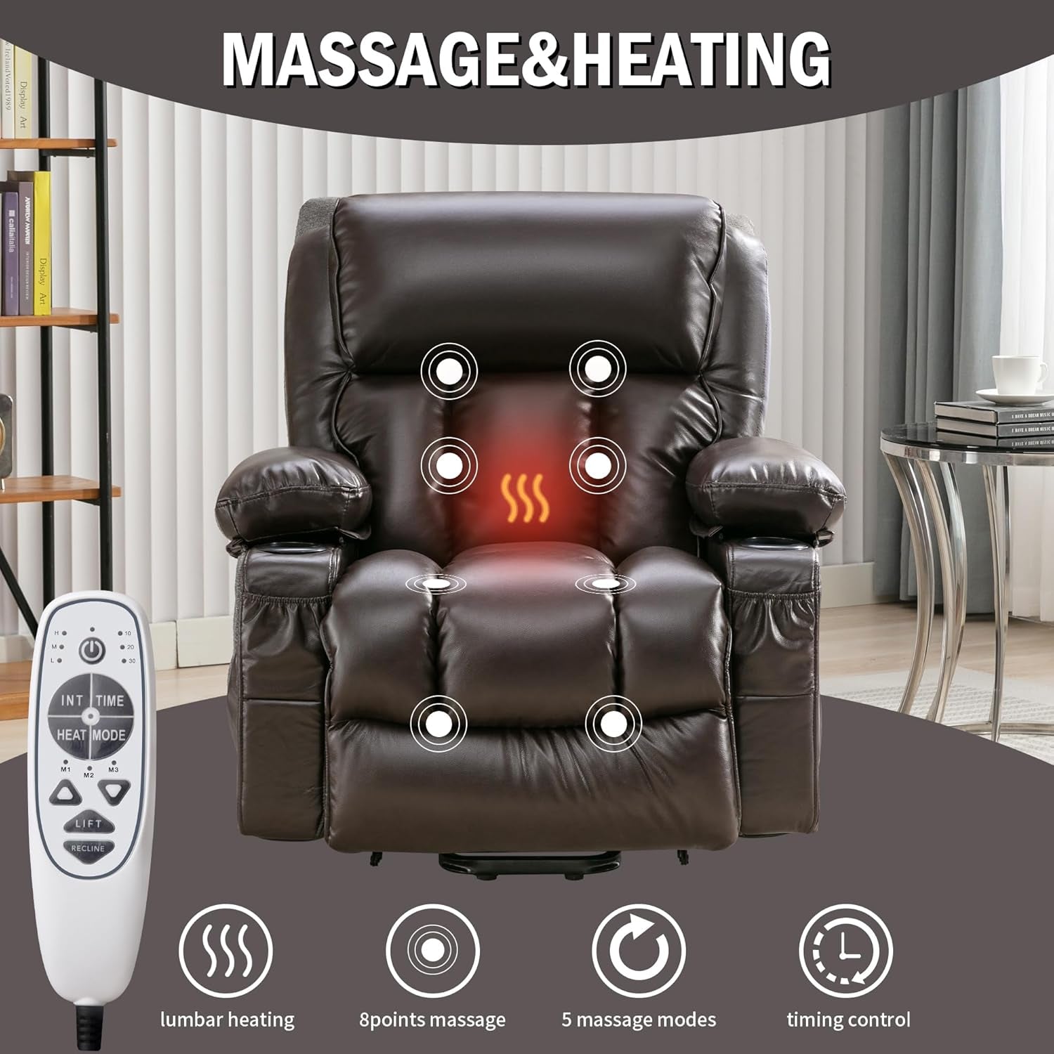 Brown XL Power Lift Recliner Massage Heat Elderly USB-2