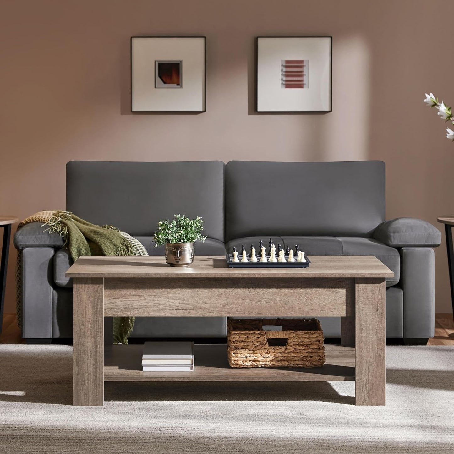 Lift Top Coffee Table with Hidden Compartment and Storage Shelf, Rising Tabletop Dining Table for Living Room Reception Room, 38.6In L, Grey-3