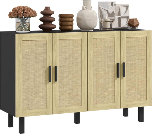 Sideboard Buffet Cabinet, Kitchen Cabinet, Coffee Bar Cabinet with 4 Rattan Doors and Adjustable Shelves, Black and Natural-0
