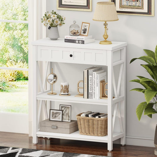 Small Bookcase with Drawer, Wood and Metal Bookshelf for Small Space, Short Book Shelf and Low Book Case for Living Room (White Oak)-0