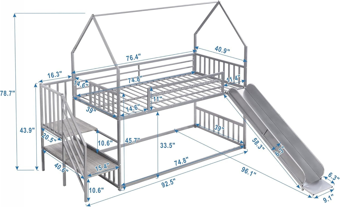 Twin over Twin Bunk Bed with Slide and Storage Stairs, Heavy Duty Bunk Bed/House Bunk Bed Twin over Twin, Twin Floor Bunk Beds for Kids, Girls, Boys(Twin over Twin Sliver)-1