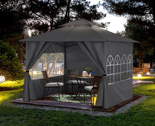 10X12 Outdoor Gazebo - Patio Screened Gazebo with Curtains and Windows for Deck, Lawn and Backyard (Dark Gray)-0