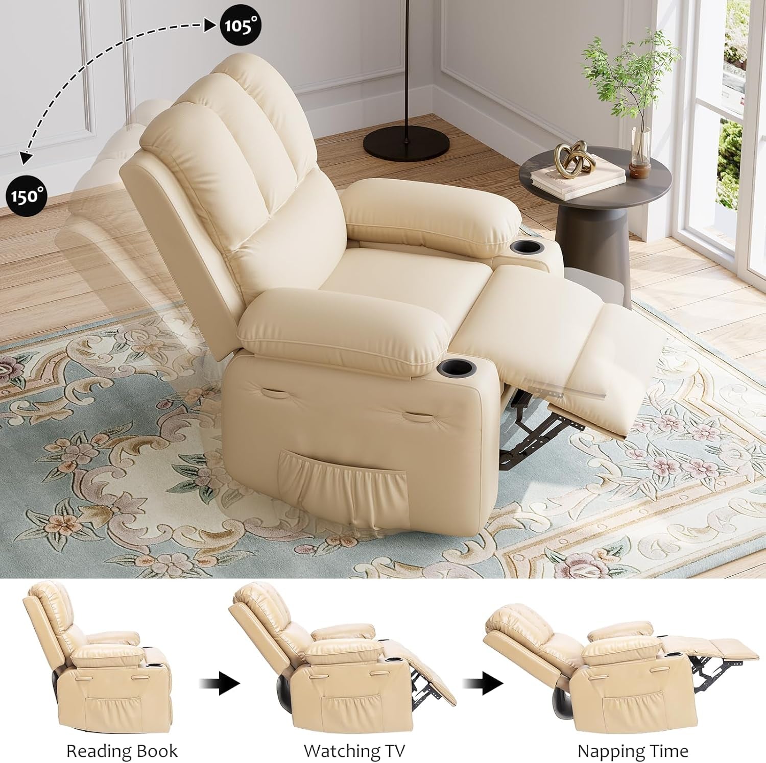 Leather Recliner Chair, Manual Recliner W/Comfortable Arms and Cup Holders for Living Room CF8011 - Beige, Medium-2