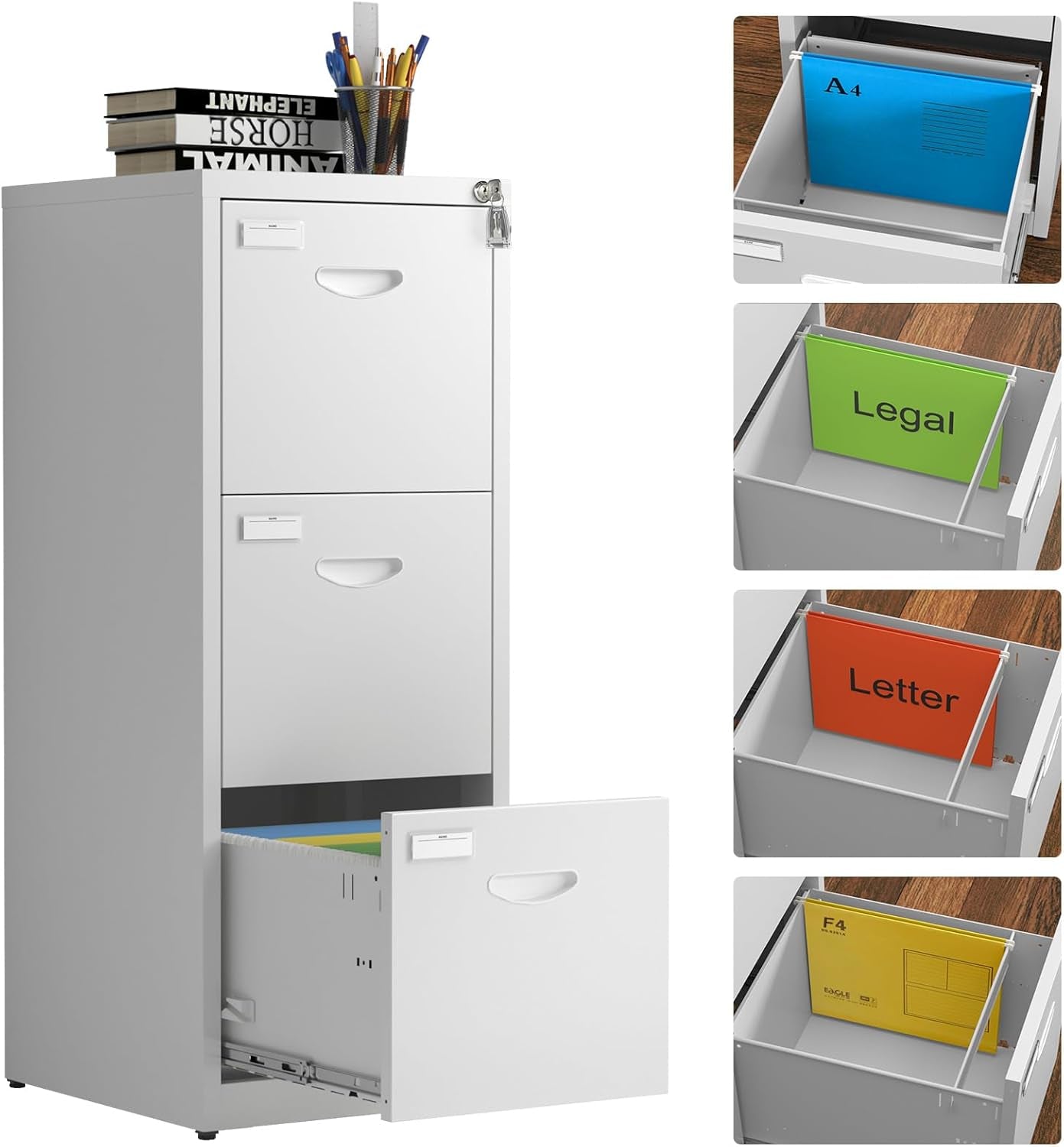 Metal File Cabinet with Lock, 3 Drawer Filing Cabinet, White Locking File Cabinet for Home Office, Light Duty Narrow Modern File Storage Cabinet for Hanging Letter/Legal/A4/F4 Size-Assembly Required-0