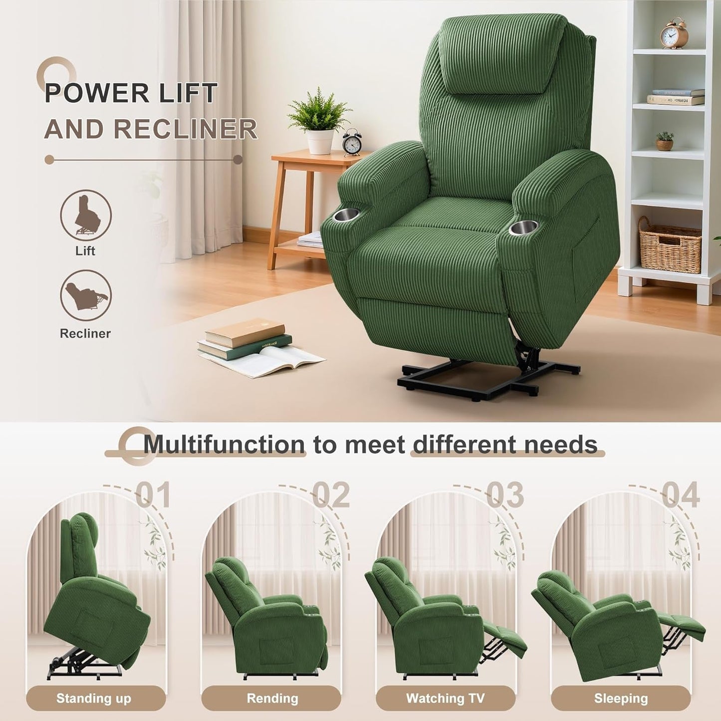 Power Lift Recliner Chair with Massage for Elderly Ergonomic Lounge Chair Classic Single Sofa with 2 Cup Holders Side Pockets Home Theater Seat (Corduroy, Green)-4