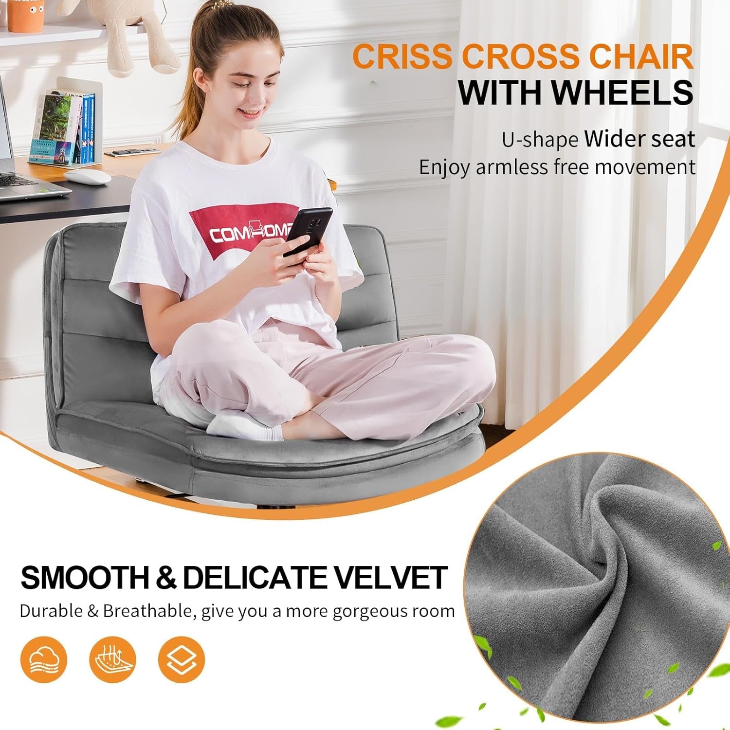 Criss Cross Chair with Wheels, Armless Wide Cross Legged Office Chair Mid Back, Modern Home Office Desk Chair Swivel Adjustable Vanity Computer Chair, Gray Velvet-2