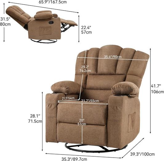 360°Swivel Rocking Recliner, Comfy Recliner Chair, Fabric Manual Reclining Chair with 2 Cup Holders, Side Pockets for Living Room, Bedroom, Home Theater Seating, Brown-1