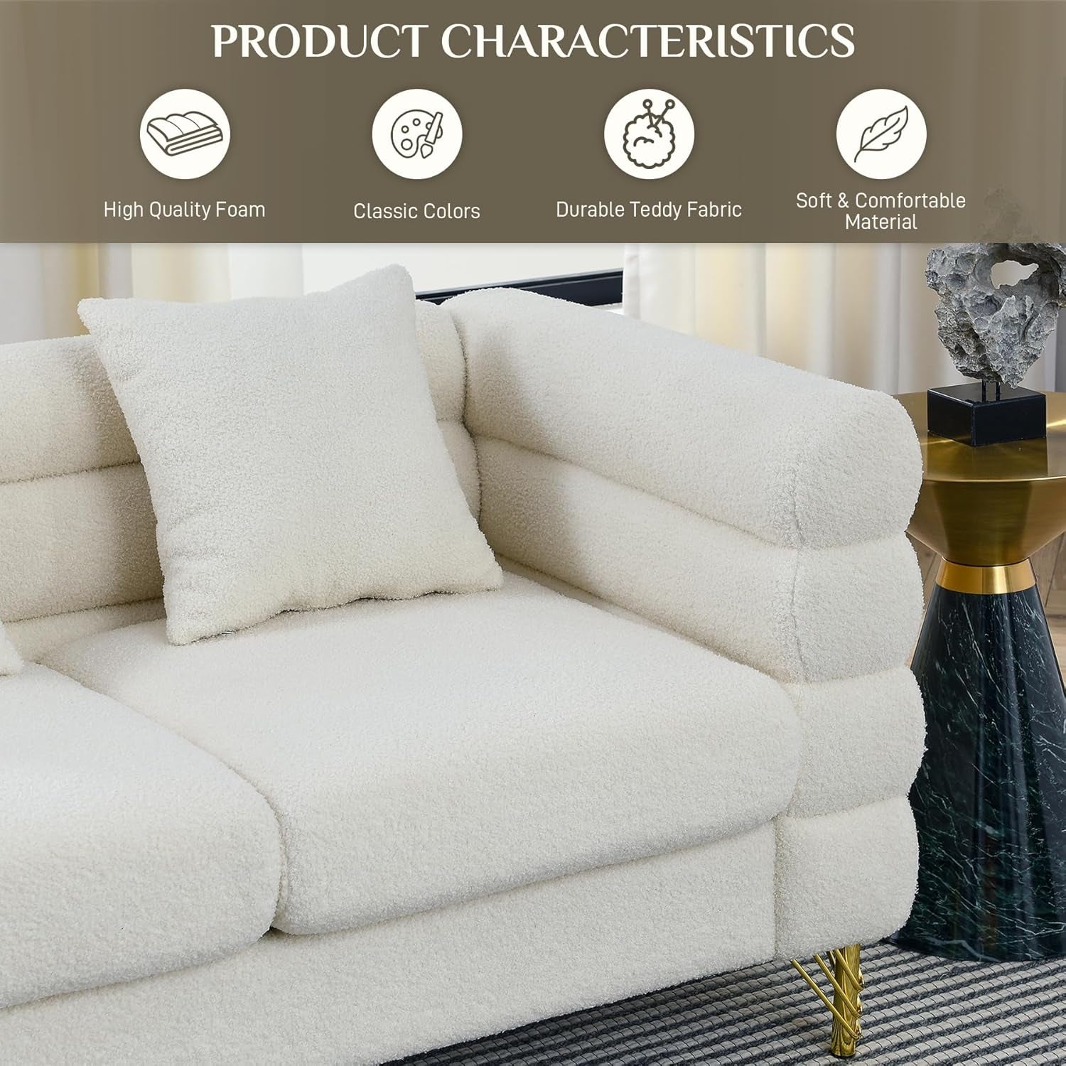 Living Room Sofa Couch and Loveseat Set, Modern Comfy Boucle Sherpa Deep Seat Cloud Couch with 5 Pillows, Oversized Sofa Furniture Sets for Living Room Bedroom, White Teddy-3