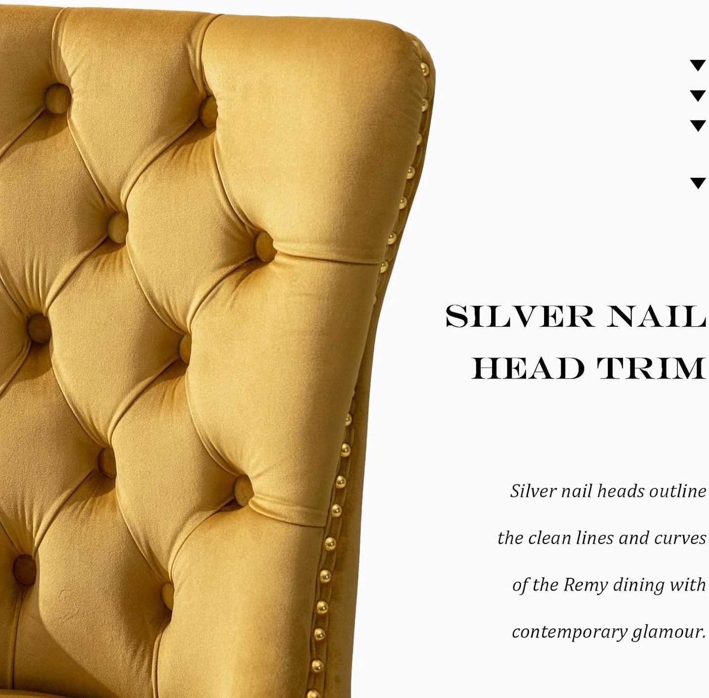 Velvet Dining Chair Set of 2, Upholstered Tufted Dining Room Chair with Nailhead Trim and Stainless Steel Gold Plated Leg for Kitchen, Gold-4