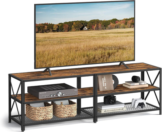 TV Stand, TV Console for Tvs up to 75 Inches, TV Table, 70.1 Inches Width, TV Cabinet with Storage Shelves, Steel Frame, for Living Room, Bedroom, Rustic Brown and Black ULTV096B01V1-0