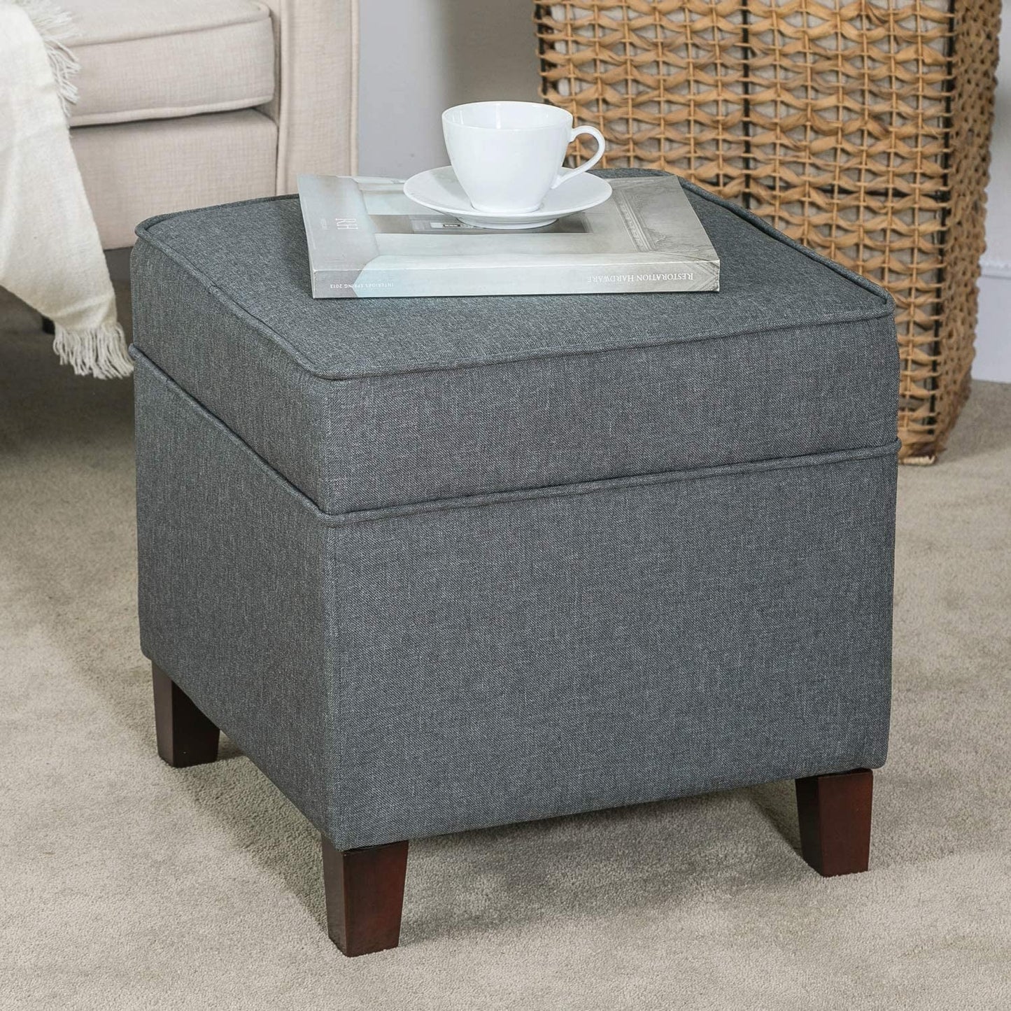 Dark Grey Ottoman with Wooden Legs and Storage-0