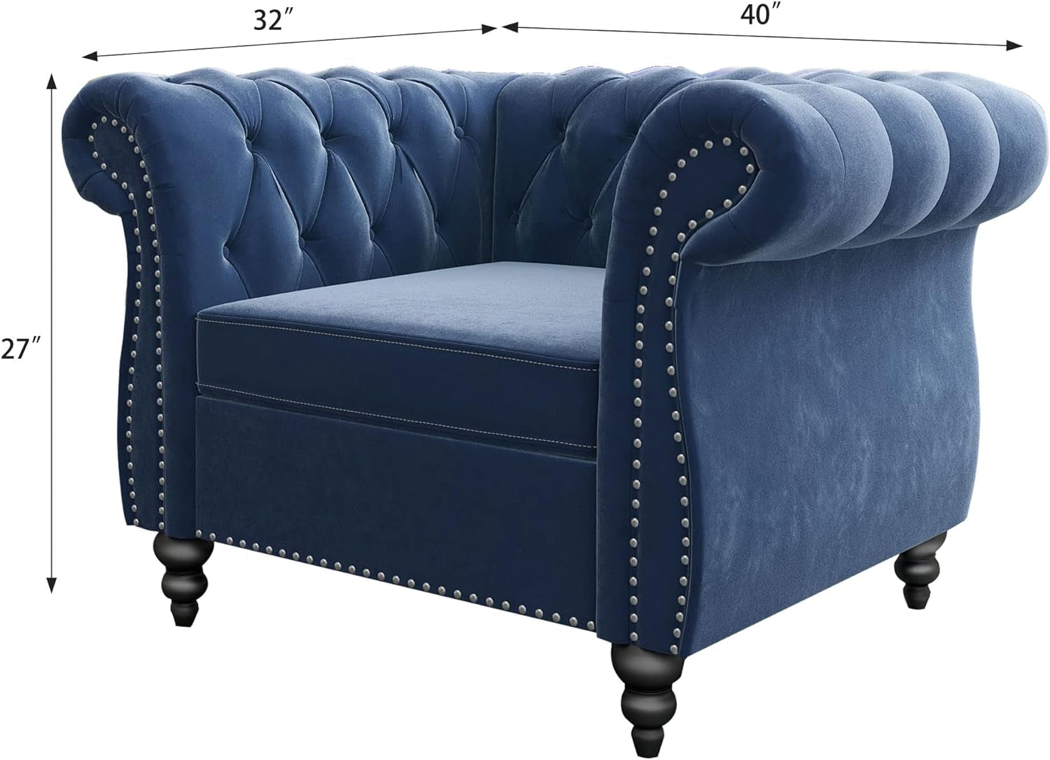 2 Piece Living Room Set, Velvet Chesterfield Sofa Loveseat Couch Chair with Scroll Arms and Nailhead for Living Room, Office (Blue)-2