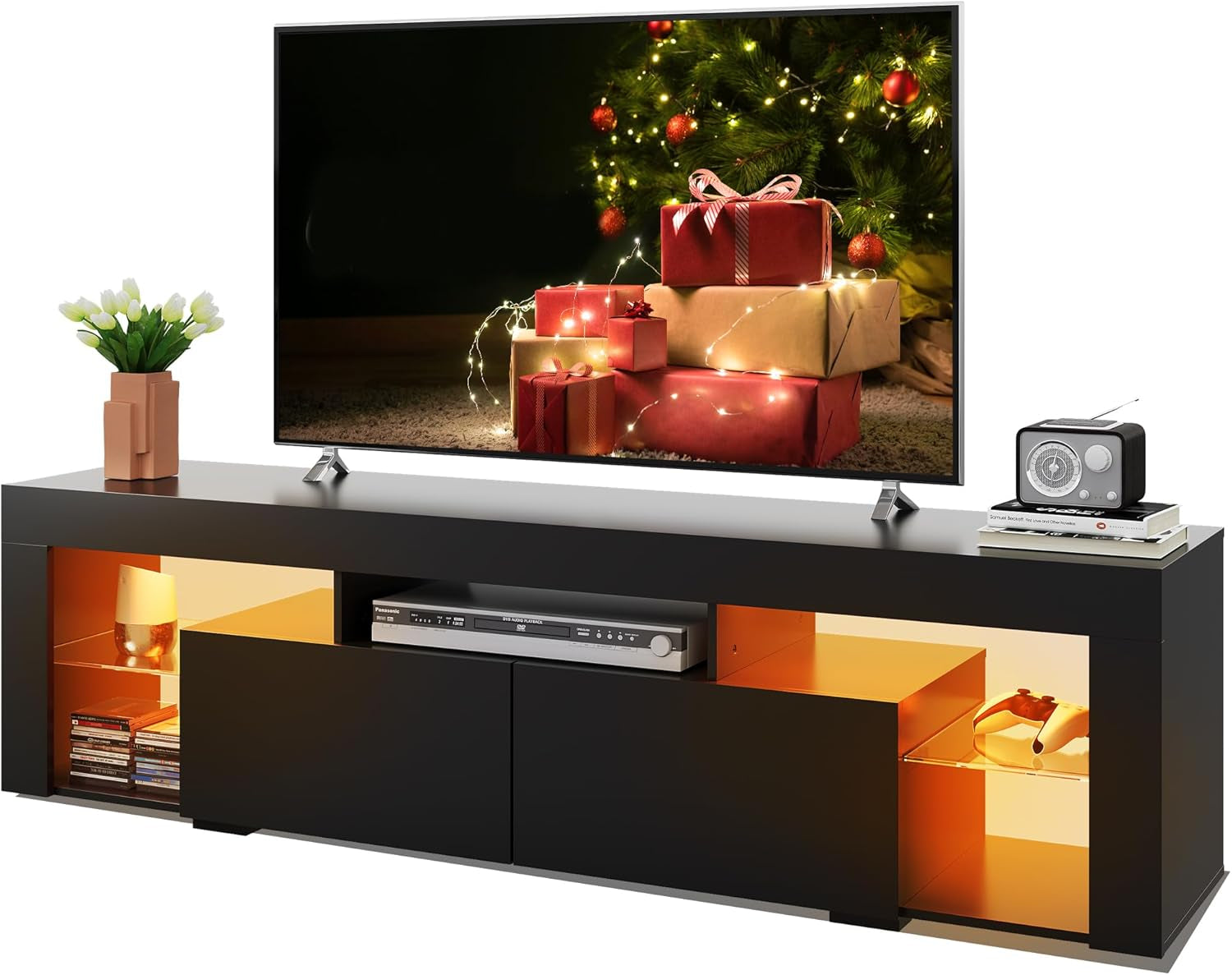 63 Inch TV Stand, LED Entertainment Center for 60 to 70 Inch TV, Modern TV Console with 2 Drawers, TV Stands for Living Room, Black-0