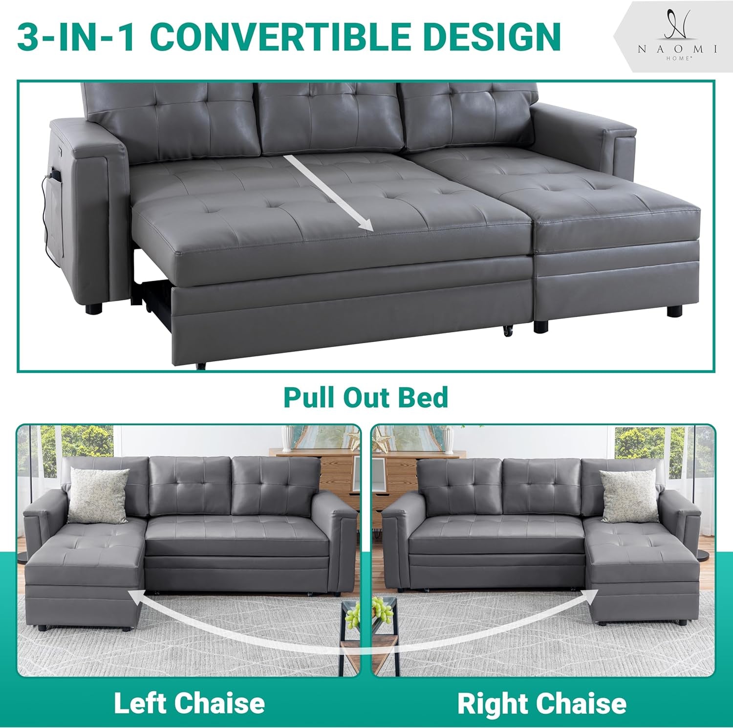L-Shaped Sectional Sleeper Sofa with USB Ports - Convertible Pull-Out Bed, Ample Storage, Timeless Design, Durable Construction, Gray/Air Leather-4