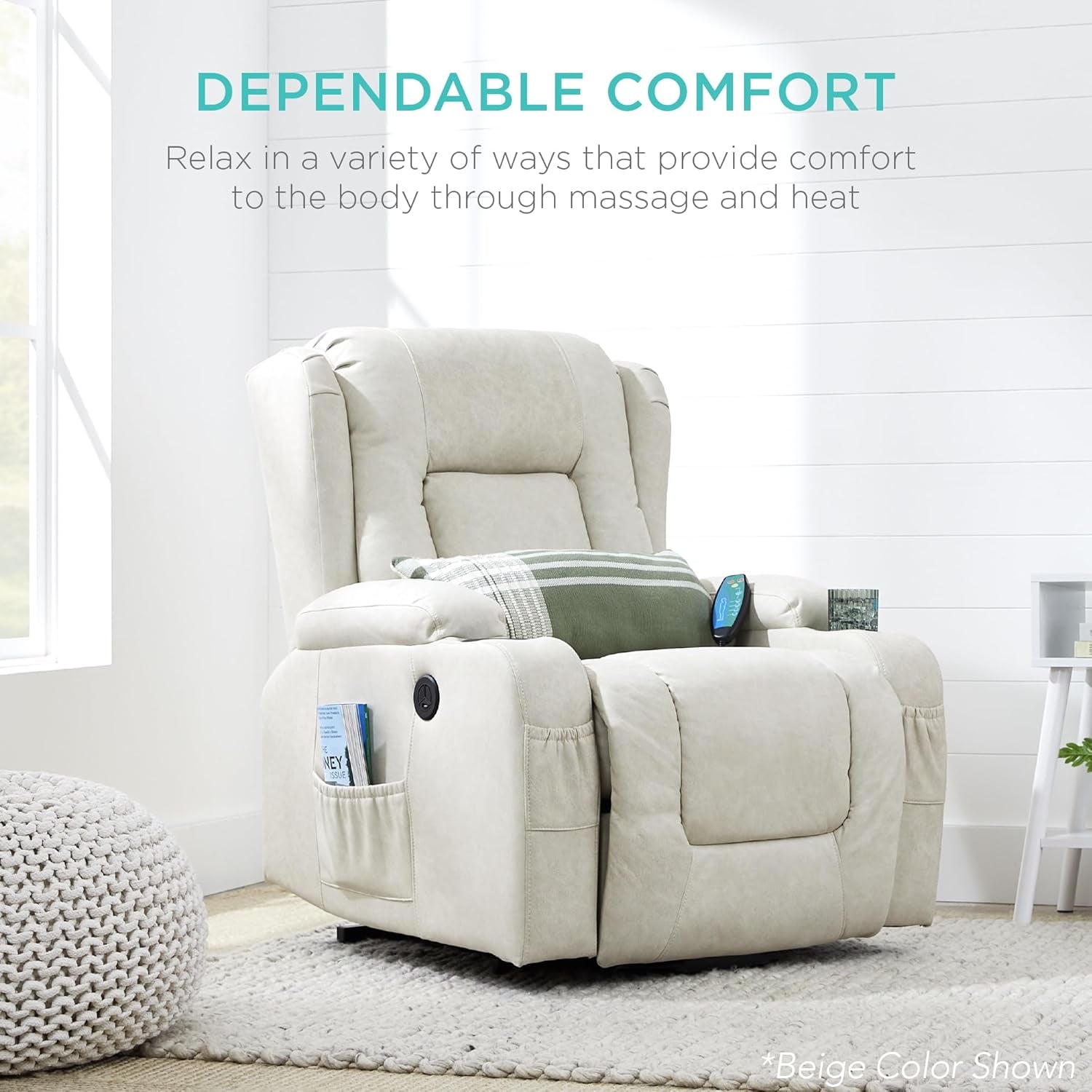 PU Leather Electric Power Lift Chair, Recliner Massage Chair, Adjustable Furniture for Back, Legs W/ 3 Positions, USB Port, Heat, Cupholders, Easy-To-Reach Side Button - Blue-2
