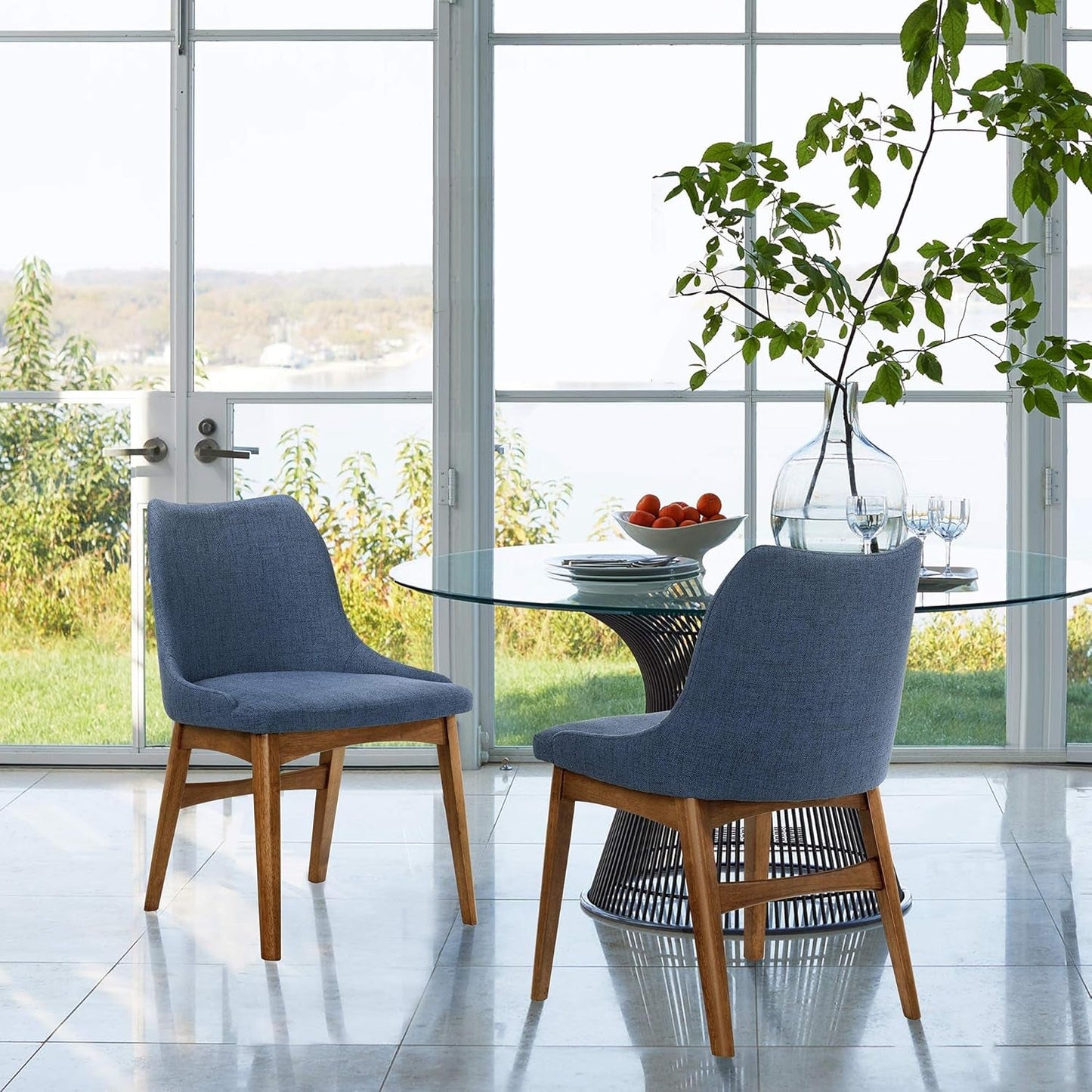 Azalea Blue Fabric and Walnut Wood Dining Side Chairs - Set of 2-0