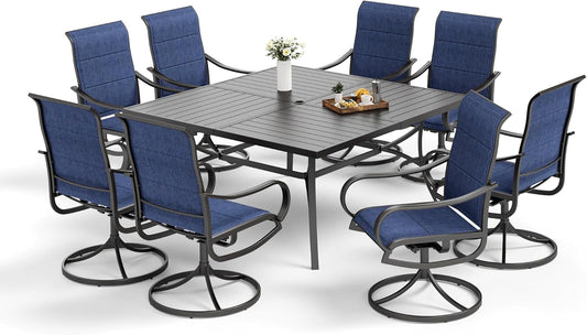 9 Pieces Patio Dining Sets,Outdoor Furniture Set Including 1X 60 Square Table and 6 Padded Sling Swivel Chairs Metal Dining Set for Backyard,Blue-0