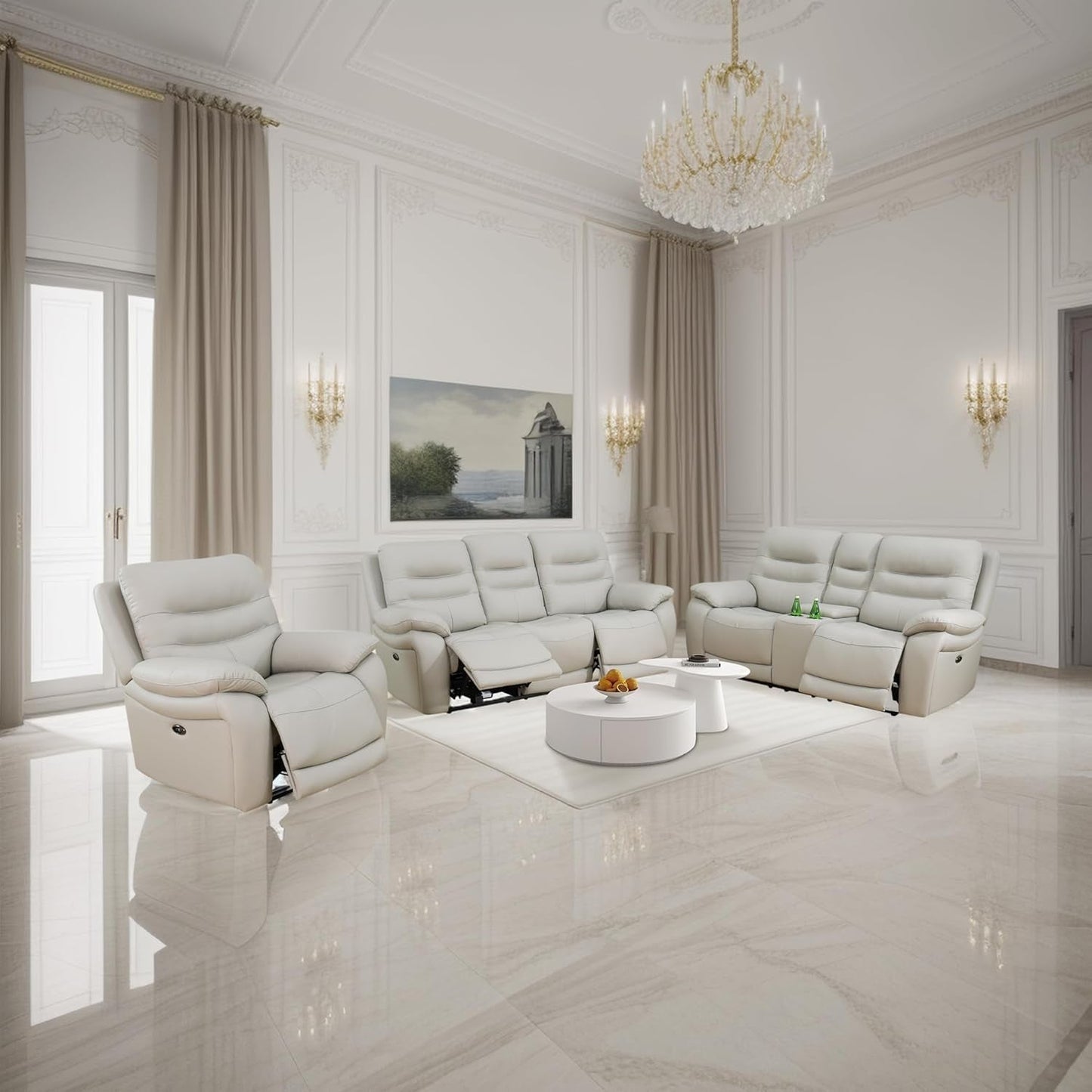 Genuine Leather Recliner Couch Set, Power Reclining Sofa Set 3 Pieces Top Grain Leather Sofa with Built in USB Port for Living Room(Light Grey) (Sofa+Loveseat+Chair)-4