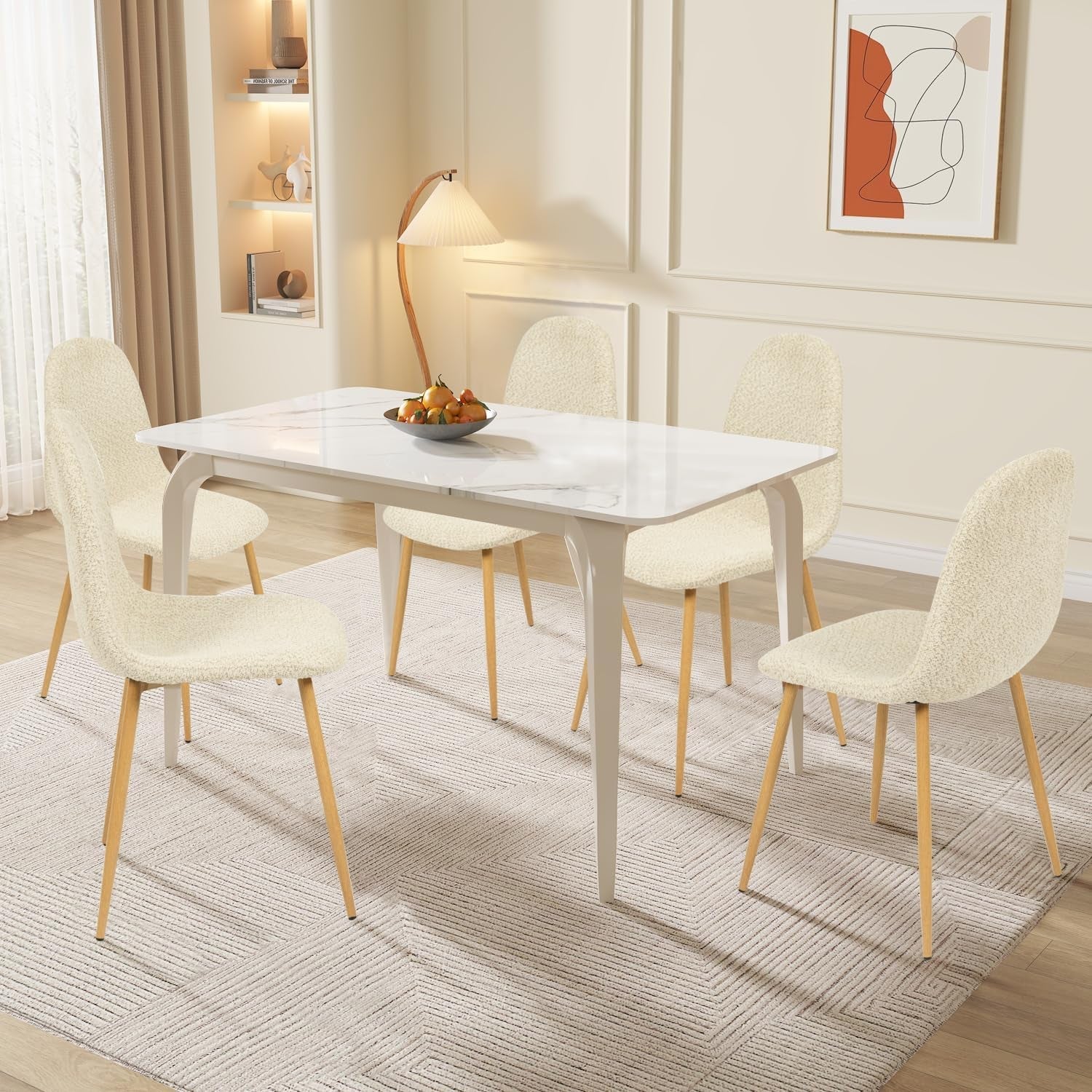 Dining Chairs Set of 4, Upholstered Fabric Armless Dining Room Seating Kitchen Chairs, Side Chair Mid-Back with Metal Legs for Living Room Bedroom Home Office, Beige Cream-1