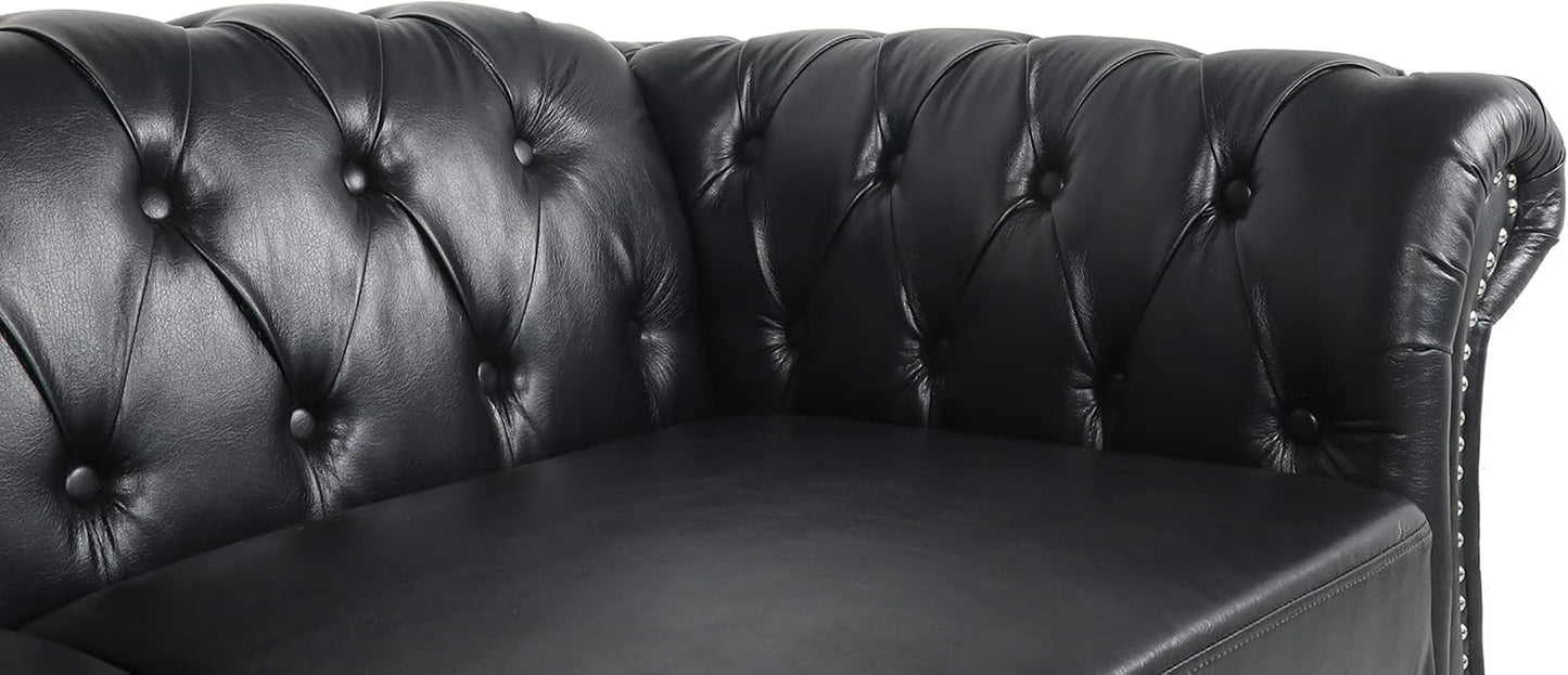 Modern 3 Seater PU Chesterfield Sofa, Upholstered Tufted Button Leather Chesterfield Couch, Classic Faux Leather Settee with Nailhead Trim Scroll Arms for Living Room Bedroom(Black)-3