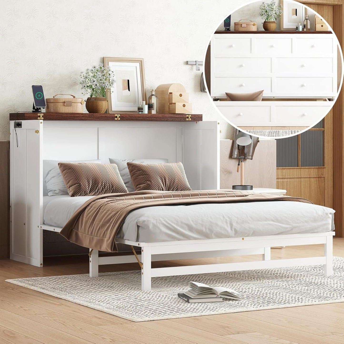 Queen Size Murphy Cabinet Bed with Desk and USB-Port-13