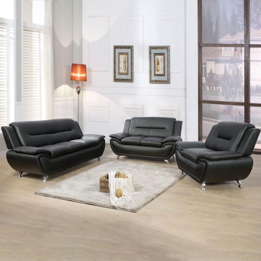 3PCS Faux Leather Sofa Set, Living Room Couch Set with Sofa, Loveseat and Chair (Black)-0